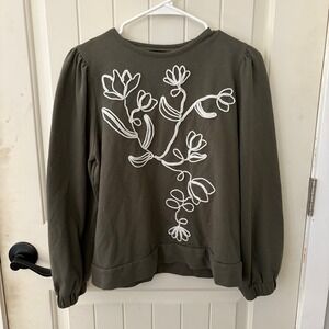 Fred David Womens Size M Olive Green Floral Embroidered Long Sleeve Sweater
